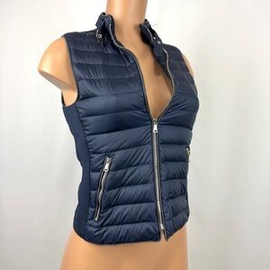 Zara Womens Sz XS Navy Puffer Down Feather Vest Jacket Full Zip Knit Side Panels